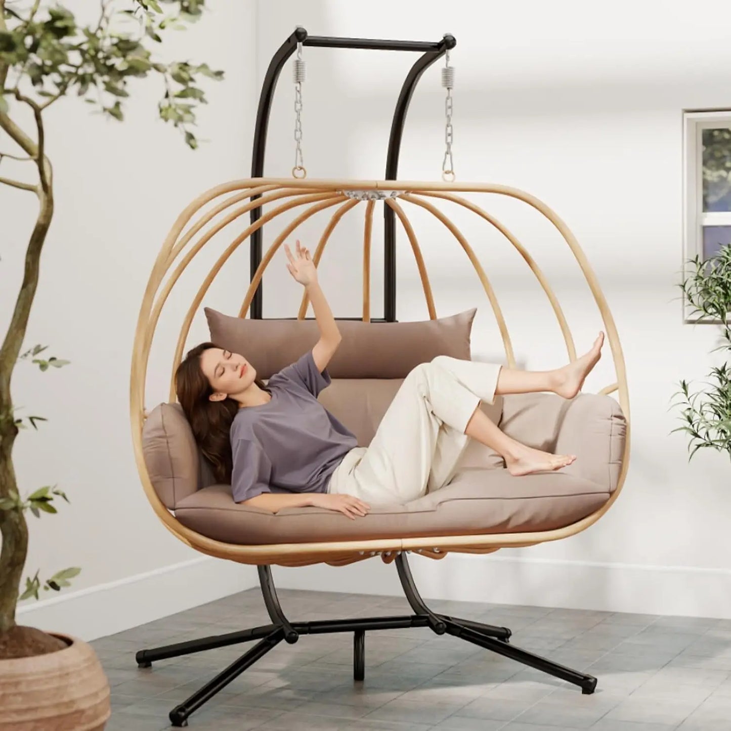 Double Egg Hanging Swing Chair With Stand And Cushions