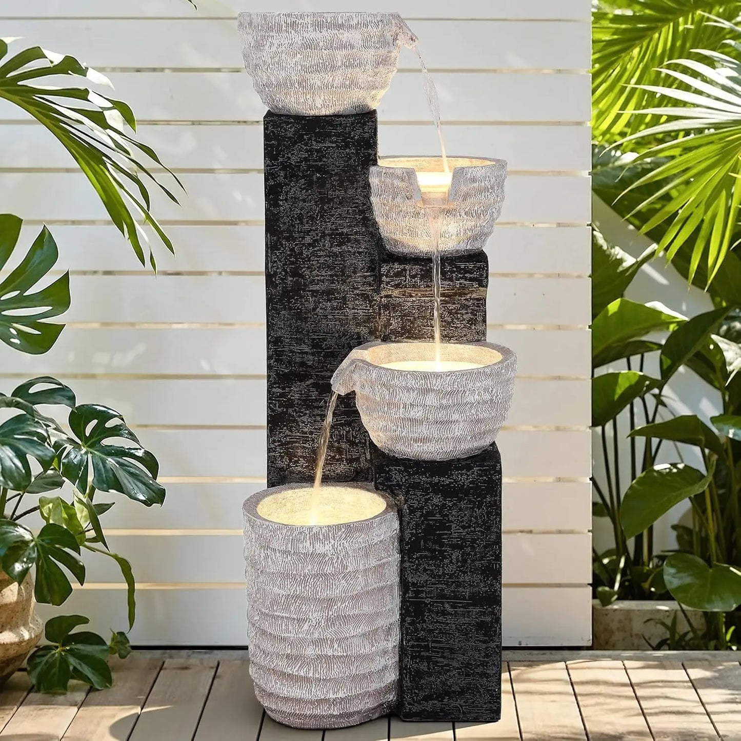 Outdoor Water Fountain With Led Lights Pump Multilayer Cascading Polyresin