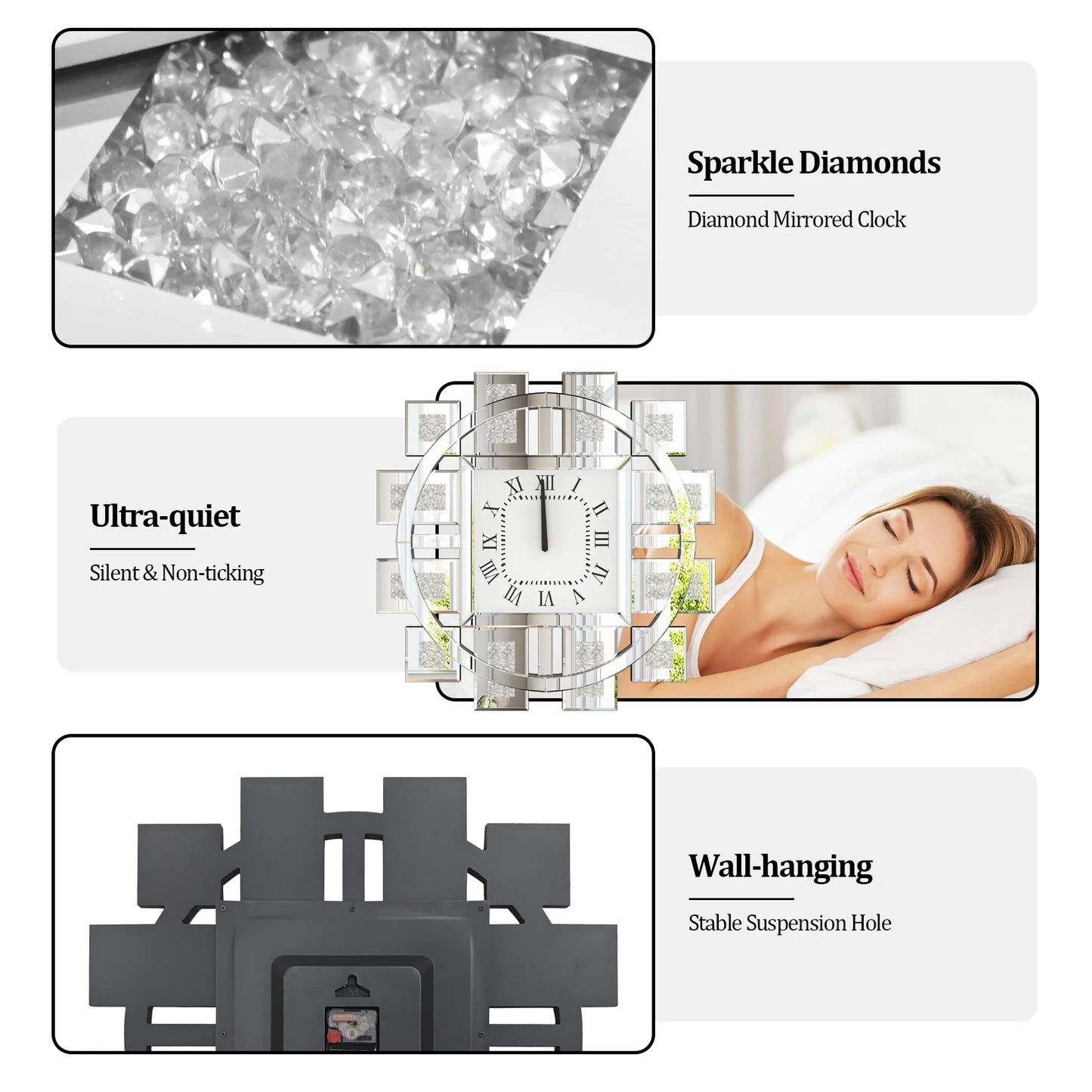 Irregular Diamond Mirrored Wall Clock Quartz Movement Roman Numerals