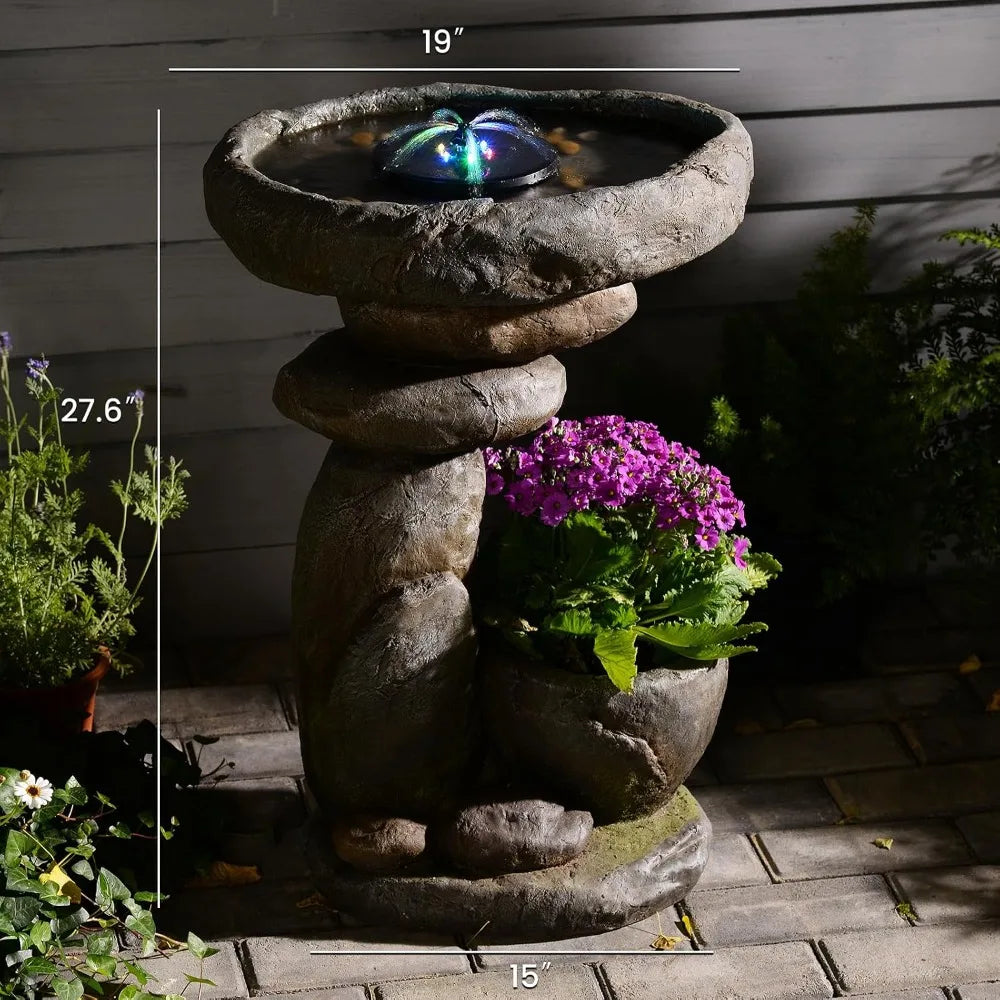 Solar Bird Bath Fountain With Planter And LED Outdoor Waterfall