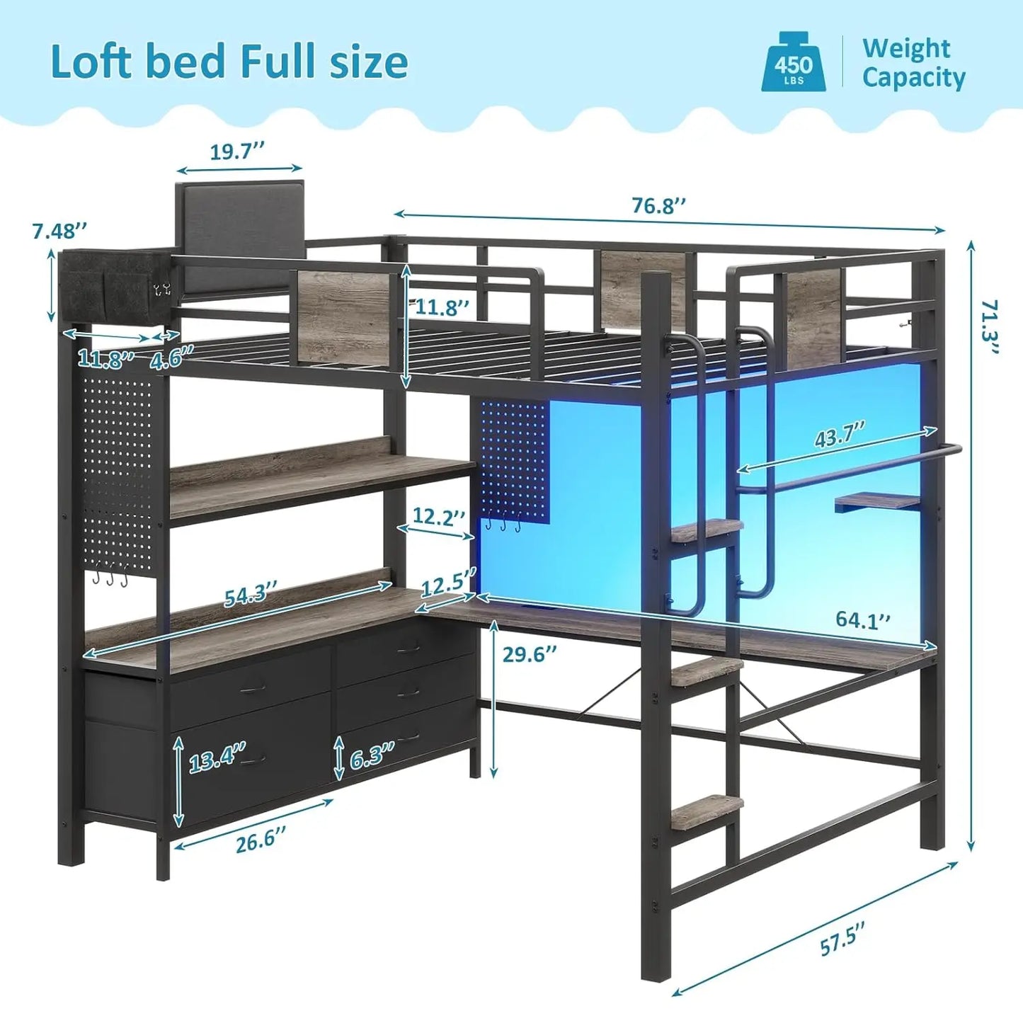 Loft Bed With Desk And Storage Shelves LED Charging Station