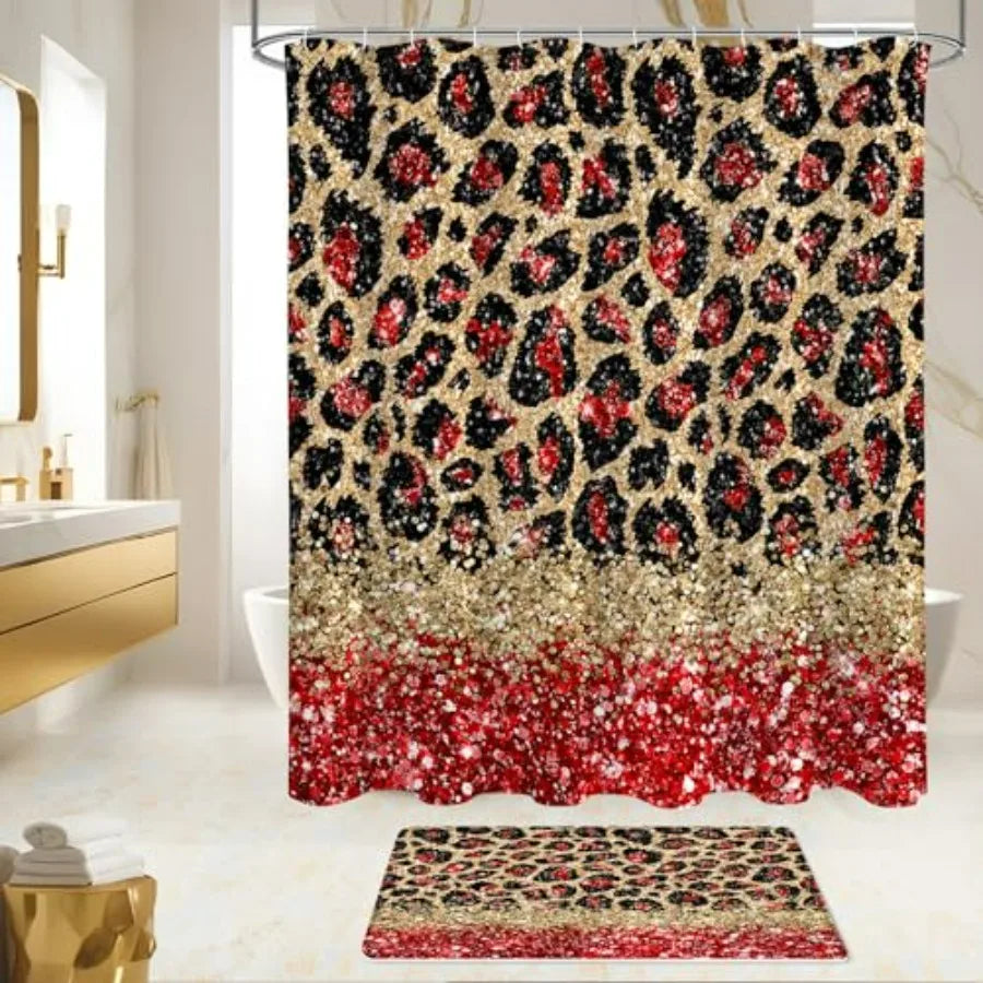 Leopard Print Shower Curtain Set With Non Slip Bath Mats