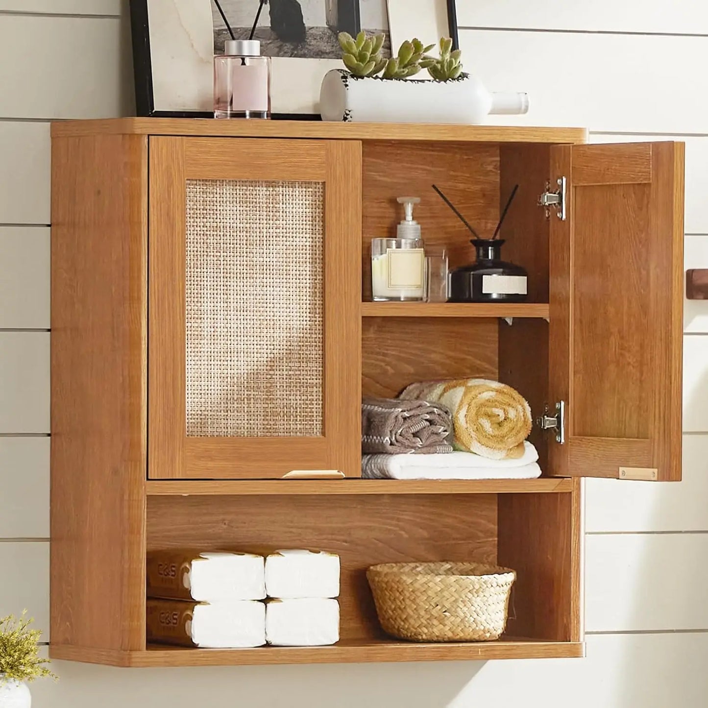 Rattan Bathroom Wall Cabinet Over Toilet Storage Organizer