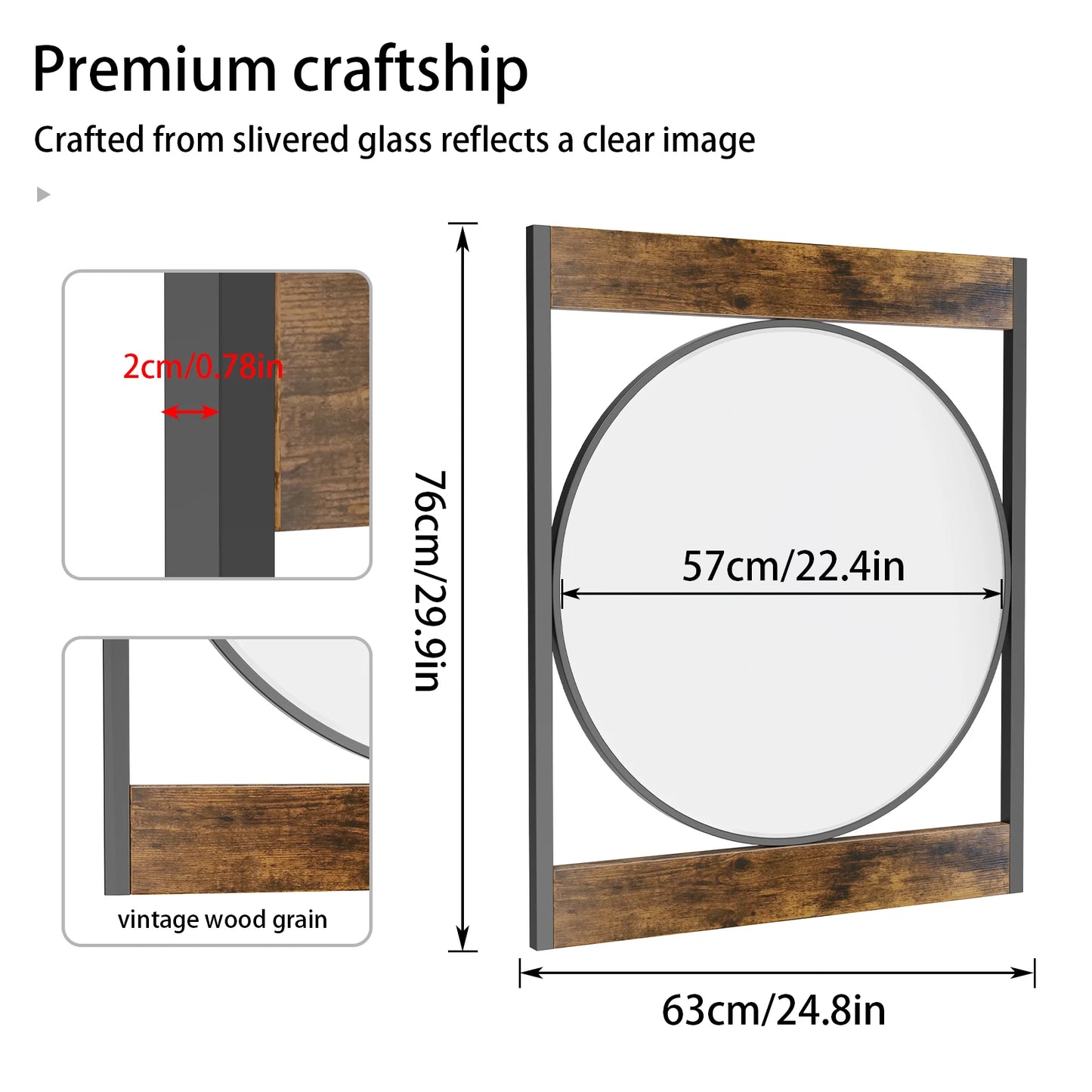 Industrial Metal Wood Frame Wall Mirror for Bathroom