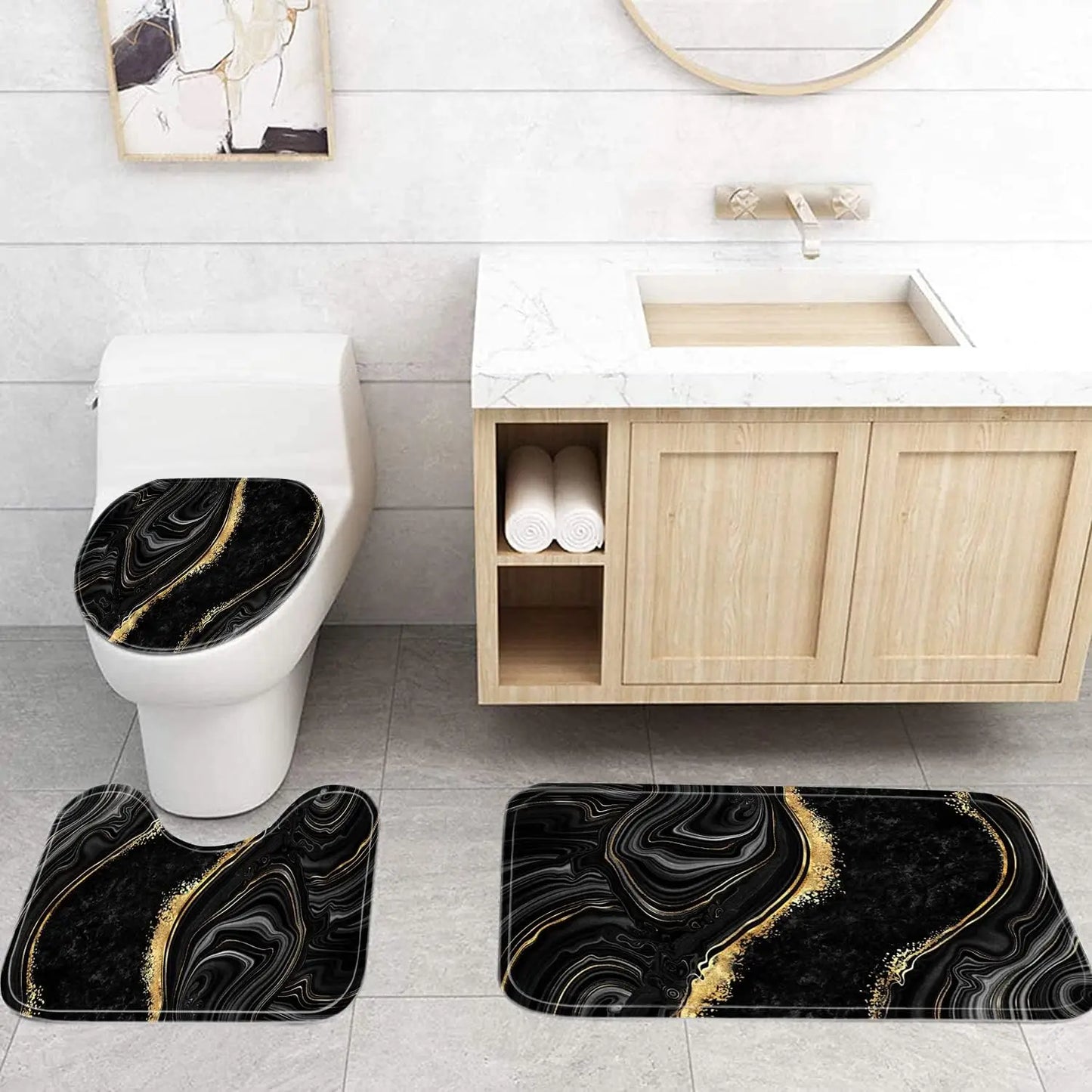 Marble Shower Curtain Set With Gold Accents And Toilet Cover